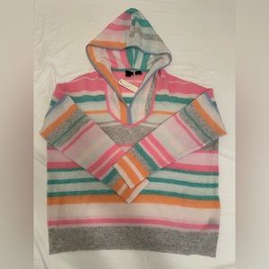 360 Cashmere Multicolor Striped Hooded Sweater - Pink, Teal, Gray, Orange, White